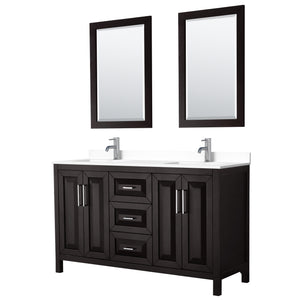 Daria 60 Inch Double Bathroom Vanity in Dark Espresso White Cultured Marble Countertop Undermount Square Sinks 24 Inch Mirrors