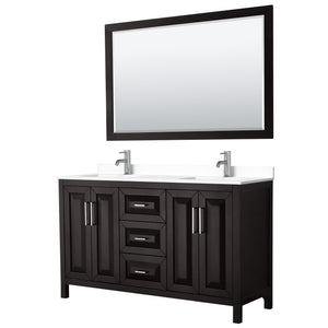 Daria 60 Inch Double Bathroom Vanity in Dark Espresso White Cultured Marble Countertop Undermount Square Sinks 58 Inch Mirror