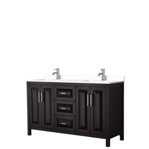 Daria 60 Inch Double Bathroom Vanity in Dark Espresso White Cultured Marble Countertop Undermount Square Sinks No Mirror