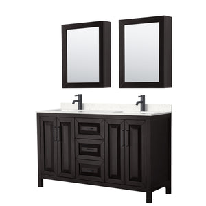 Daria 60 Inch Double Bathroom Vanity in Dark Espresso Carrara Cultured Marble Countertop Undermount Square Sinks Matte Black Trim Medicine Cabinets