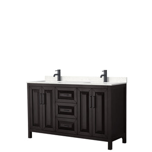 Daria 60 Inch Double Bathroom Vanity in Dark Espresso Carrara Cultured Marble Countertop Undermount Square Sinks Matte Black Trim