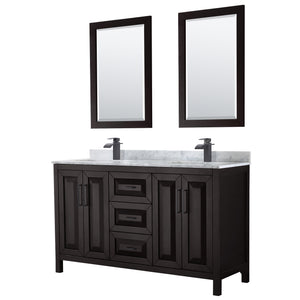 Daria 60 Inch Double Bathroom Vanity in Dark Espresso White Carrara Marble Countertop Undermount Square Sinks Matte Black Trim 24 Inch Mirrors