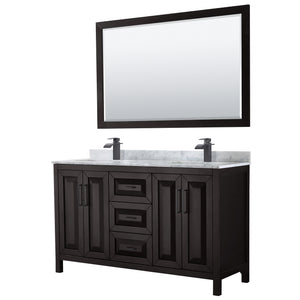 Daria 60 Inch Double Bathroom Vanity in Dark Espresso White Carrara Marble Countertop Undermount Square Sinks Matte Black Trim 58 Inch Mirror