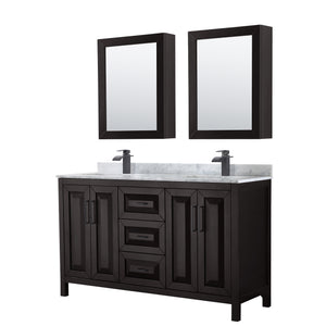 Daria 60 Inch Double Bathroom Vanity in Dark Espresso White Carrara Marble Countertop Undermount Square Sinks Matte Black Trim Medicine Cabinets