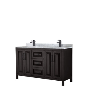 Daria 60 Inch Double Bathroom Vanity in Dark Espresso White Carrara Marble Countertop Undermount Square Sinks Matte Black Trim