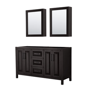 Daria 60 Inch Double Bathroom Vanity in Dark Espresso No Countertop No Sink Matte Black Trim Medicine Cabinets