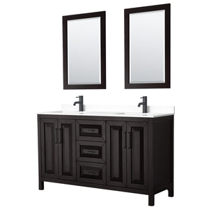 Daria 60 Inch Double Bathroom Vanity in Dark Espresso White Cultured Marble Countertop Undermount Square Sinks Matte Black Trim 24 Inch Mirrors