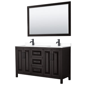 Daria 60 Inch Double Bathroom Vanity in Dark Espresso White Cultured Marble Countertop Undermount Square Sinks Matte Black Trim 58 Inch Mirror