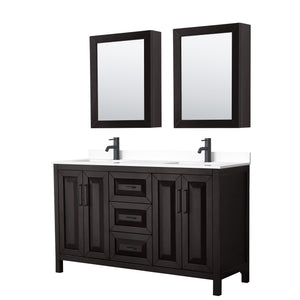 Daria 60 Inch Double Bathroom Vanity in Dark Espresso White Cultured Marble Countertop Undermount Square Sinks Matte Black Trim Medicine Cabinets