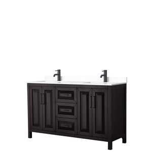 Daria 60 Inch Double Bathroom Vanity in Dark Espresso White Cultured Marble Countertop Undermount Square Sinks Matte Black Trim