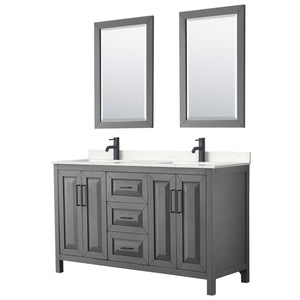 Daria 60 Inch Double Bathroom Vanity in Dark Gray Carrara Cultured Marble Countertop Undermount Square Sinks Matte Black Trim 24 Inch Mirrors