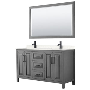 Daria 60 Inch Double Bathroom Vanity in Dark Gray Carrara Cultured Marble Countertop Undermount Square Sinks Matte Black Trim 58 Inch Mirror