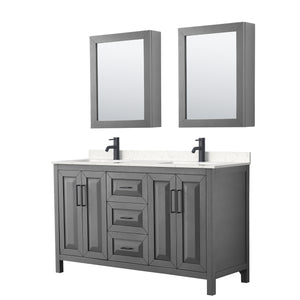 Daria 60 Inch Double Bathroom Vanity in Dark Gray Carrara Cultured Marble Countertop Undermount Square Sinks Matte Black Trim Medicine Cabinets