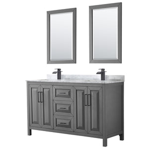 Daria 60 Inch Double Bathroom Vanity in Dark Gray White Carrara Marble Countertop Undermount Square Sinks Matte Black Trim 24 Inch Mirrors