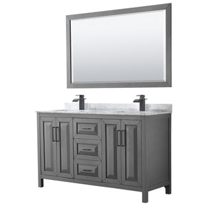 Daria 60 Inch Double Bathroom Vanity in Dark Gray White Carrara Marble Countertop Undermount Square Sinks Matte Black Trim 58 Inch Mirror
