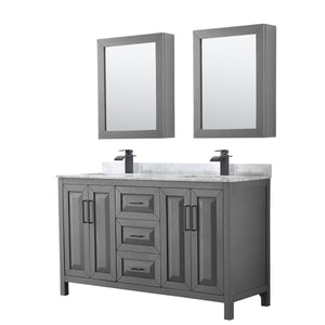 Daria 60 Inch Double Bathroom Vanity in Dark Gray White Carrara Marble Countertop Undermount Square Sinks Matte Black Trim Medicine Cabinets