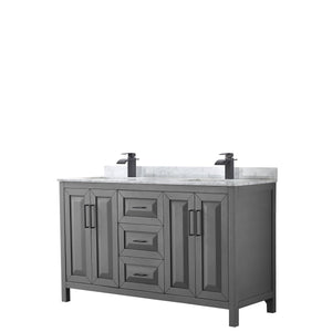 Daria 60 Inch Double Bathroom Vanity in Dark Gray White Carrara Marble Countertop Undermount Square Sinks Matte Black Trim