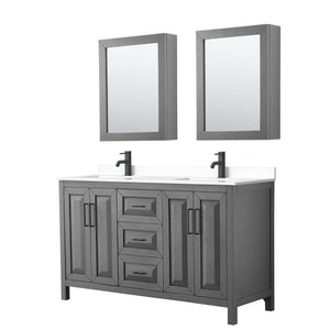 Daria 60 Inch Double Bathroom Vanity in Dark Gray White Cultured Marble Countertop Undermount Square Sinks Matte Black Trim Medicine Cabinets