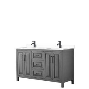 Daria 60 Inch Double Bathroom Vanity in Dark Gray White Cultured Marble Countertop Undermount Square Sinks Matte Black Trim