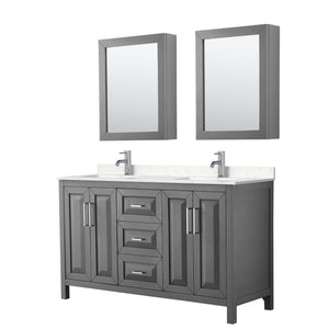 Daria 60 Inch Double Bathroom Vanity in Dark Gray Carrara Cultured Marble Countertop Undermount Square Sinks Medicine Cabinets