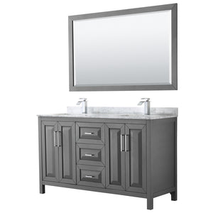 Daria 60 Inch Double Bathroom Vanity in Dark Gray White Carrara Marble Countertop Undermount Square Sinks and 58 Inch Mirror