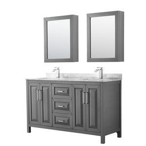 Daria 60 Inch Double Bathroom Vanity in Dark Gray White Carrara Marble Countertop Undermount Square Sinks and Medicine Cabinets