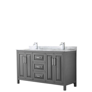 Daria 60 Inch Double Bathroom Vanity in Dark Gray White Carrara Marble Countertop Undermount Square Sinks and No Mirror
