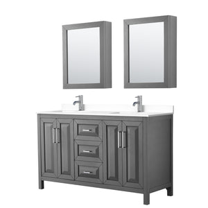 Daria 60 Inch Double Bathroom Vanity in Dark Gray White Cultured Marble Countertop Undermount Square Sinks Medicine Cabinets