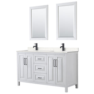 Daria 60 Inch Double Bathroom Vanity in White Carrara Cultured Marble Countertop Undermount Square Sinks Matte Black Trim 24 Inch Mirrors