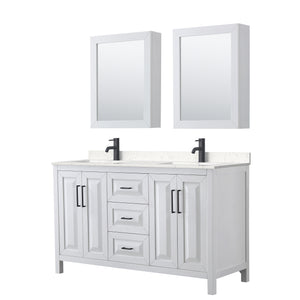 Daria 60 Inch Double Bathroom Vanity in White Carrara Cultured Marble Countertop Undermount Square Sinks Matte Black Trim Medicine Cabinets
