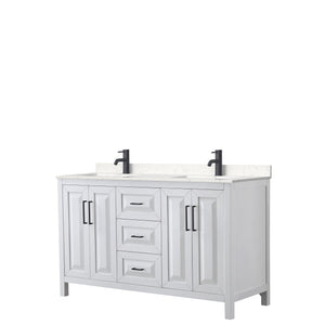 Daria 60 Inch Double Bathroom Vanity in White Carrara Cultured Marble Countertop Undermount Square Sinks Matte Black Trim
