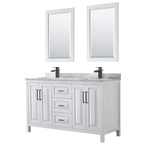 Daria 60 Inch Double Bathroom Vanity in White White Carrara Marble Countertop Undermount Square Sinks Matte Black Trim 24 Inch Mirrors