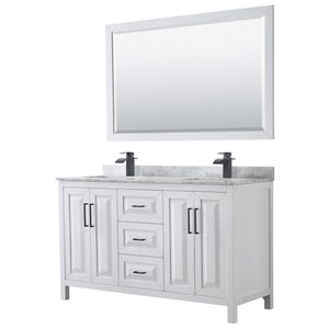 Daria 60 Inch Double Bathroom Vanity in White White Carrara Marble Countertop Undermount Square Sinks Matte Black Trim 58 Inch Mirror