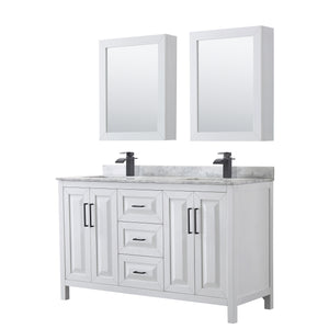 Daria 60 Inch Double Bathroom Vanity in White White Carrara Marble Countertop Undermount Square Sinks Matte Black Trim Medicine Cabinets