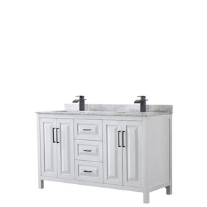 Daria 60 Inch Double Bathroom Vanity in White White Carrara Marble Countertop Undermount Square Sinks Matte Black Trim