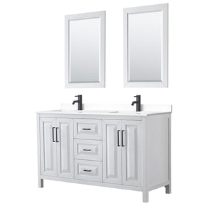 Daria 60 Inch Double Bathroom Vanity in White White Cultured Marble Countertop Undermount Square Sinks Matte Black Trim 24 Inch Mirrors