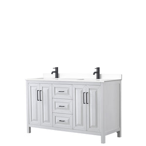 Daria 60 Inch Double Bathroom Vanity in White White Cultured Marble Countertop Undermount Square Sinks Matte Black Trim