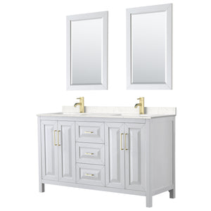 Daria 60 Inch Double Bathroom Vanity in White Carrara Cultured Marble Countertop Undermount Square Sinks 24 Inch Mirrors Brushed Gold Trim