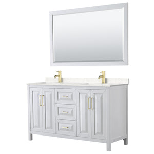 Daria 60 Inch Double Bathroom Vanity in White Carrara Cultured Marble Countertop Undermount Square Sinks 58 Inch Mirror Brushed Gold Trim
