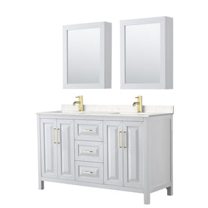 Daria 60 Inch Double Bathroom Vanity in White Carrara Cultured Marble Countertop Undermount Square Sinks Medicine Cabinets Brushed Gold Trim