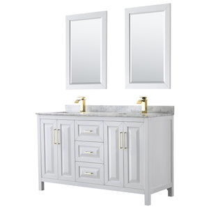 Daria 60 Inch Double Bathroom Vanity in White White Carrara Marble Countertop Undermount Square Sinks 24 Inch Mirrors Brushed Gold Trim