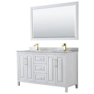 Daria 60 Inch Double Bathroom Vanity in White White Carrara Marble Countertop Undermount Square Sinks 58 Inch Mirror Brushed Gold Trim