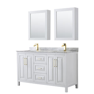 Daria 60 Inch Double Bathroom Vanity in White White Carrara Marble Countertop Undermount Square Sinks Medicine Cabinets Brushed Gold Trim