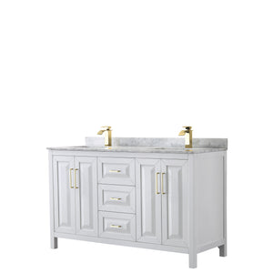 Daria 60 Inch Double Bathroom Vanity in White White Carrara Marble Countertop Undermount Square Sinks Brushed Gold Trim
