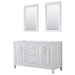 Daria 60 Inch Double Bathroom Vanity in White No Countertop No Sink 24 Inch Mirrors Brushed Gold Trim