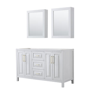 Daria 60 Inch Double Bathroom Vanity in White No Countertop No Sink Medicine Cabinets Brushed Gold Trim