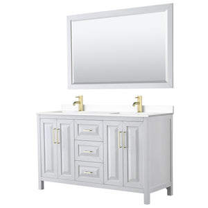 Daria 60 Inch Double Bathroom Vanity in White White Cultured Marble Countertop Undermount Square Sinks 58 Inch Mirror Brushed Gold Trim