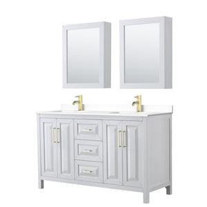 Daria 60 Inch Double Bathroom Vanity in White White Cultured Marble Countertop Undermount Square Sinks Medicine Cabinets Brushed Gold Trim