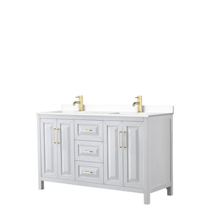Daria 60 Inch Double Bathroom Vanity in White White Cultured Marble Countertop Undermount Square Sinks Brushed Gold Trim