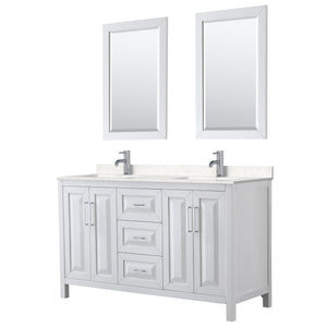 Daria 60 Inch Double Bathroom Vanity in White Carrara Cultured Marble Countertop Undermount Square Sinks 24 Inch Mirrors